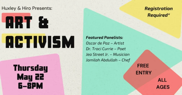 𝐀𝐫𝐭 & 𝐀𝐜𝐭𝐢𝐯𝐢𝐬𝐦 𝐏𝐚𝐧𝐞𝐥

Join at Huxley & Hiro for a vibrant and thought-provoking evening exploring the powerful intersections of art and activism. Moderated by visual artist Oscar Eduardo de Paz, this multidisciplinary panel brings together artists, educators, and community leaders who use their creative practices to challenge systems of inequality and nurture collective resilience. Featuring Dr. Traci Currie (Poet and educator), Jea Street Jr. (Musician and educator), and Jamilah Abdullah (Chef and founder of Free Food For All DelawareTogether). Together, the panelists will explore how creative expression can confront injustice, build community, and reimagine the future. FREE EVENT

📌 Thursday, May 22 • 6pm
📌 Huxley & Hiro Booksellers, 419 N. Market St, Wilmington

𝑭𝒐𝒓 𝒎𝒐𝒓𝒆: huxleyandhiro.com/events

inWilmDE.com| #inwilm